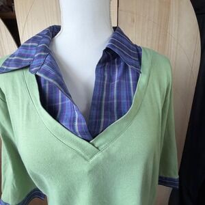 Rebecca Malone Top Women XL Green Plaid Layered Look V-Neck 3/4 Sleeve Preppy